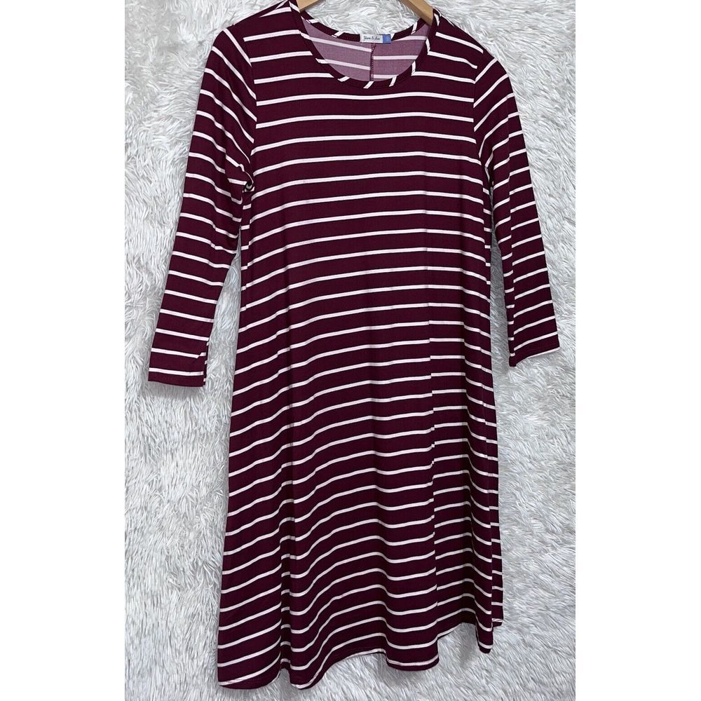 Yarn & Sea 3/4‎ Sleeve Burgundy Striped Relaxed Fit Mid Dress Small 4-6 - Picture 3 of 6